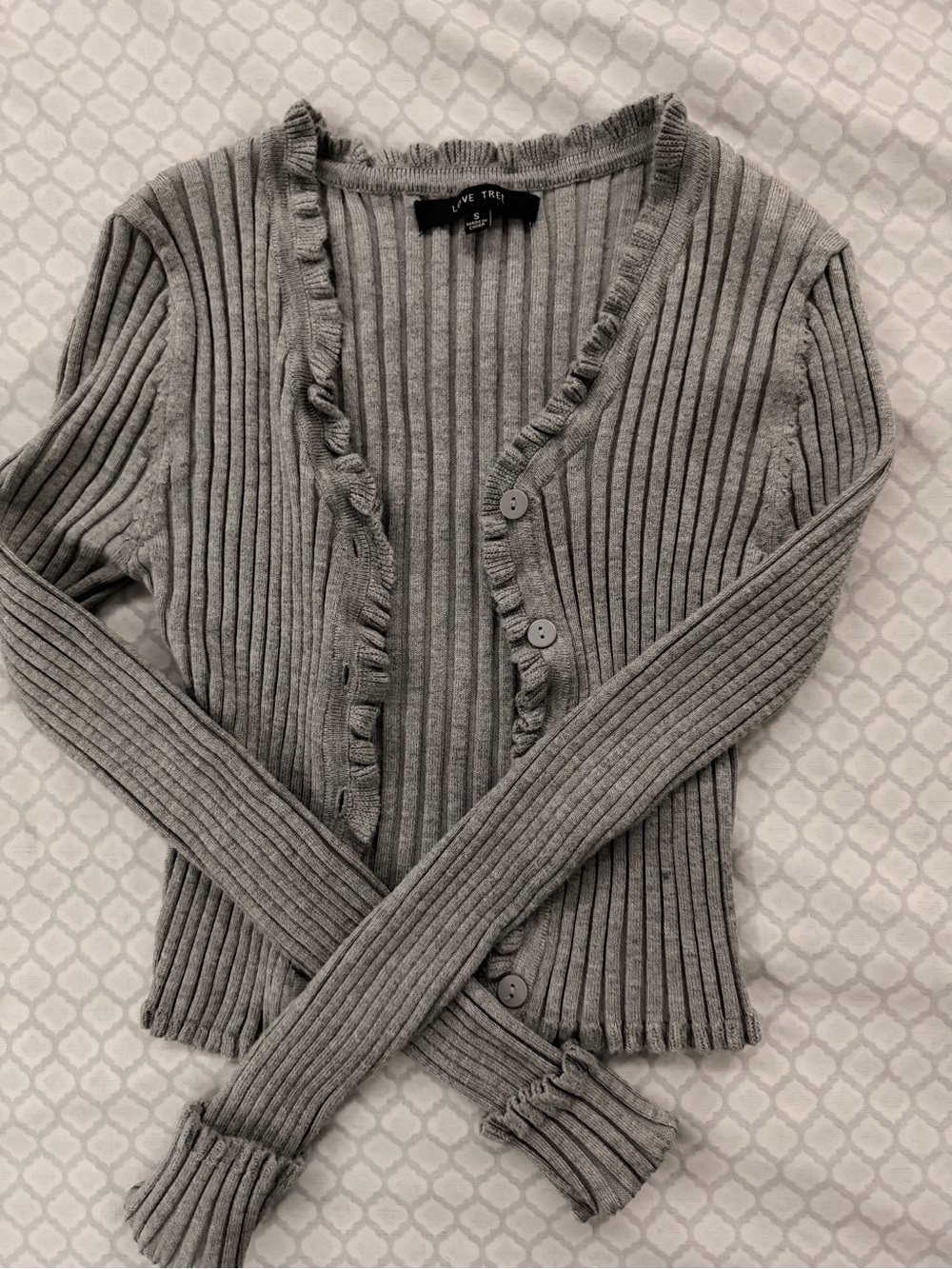 Love Tree Gray Ribbed Ruffle-Trim Cardigan Sweater